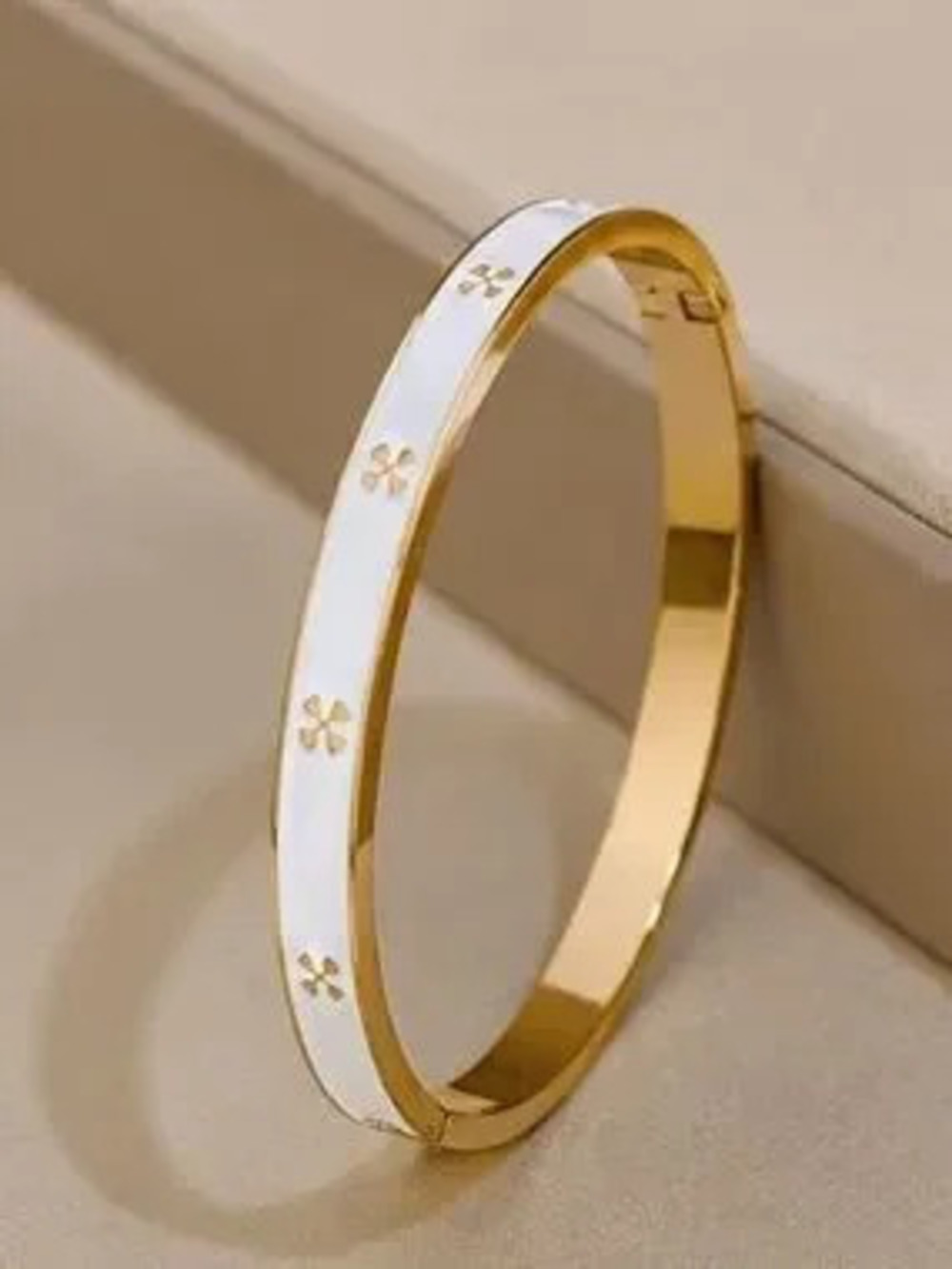 White Enamel Gold Bangle with Delicate Floral Motifs Elegant Minimalist Bracelet